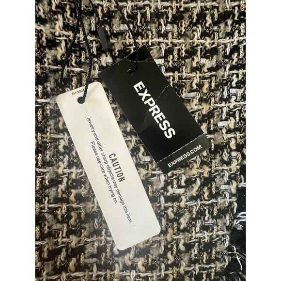 Express Black Gold Multi Tweed Mini Skirt Fringe Trim Mock Wrap NWT Size 6 NEW - Picture 4 of 14
